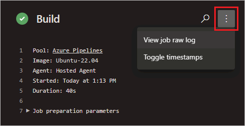 Capture d’écran du contenu du menu des tâches du pipeline.