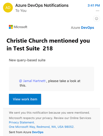 Capture d’écran de la notification par e-mail Azure DevOps de l’e-mail reçu dans le client mobile.