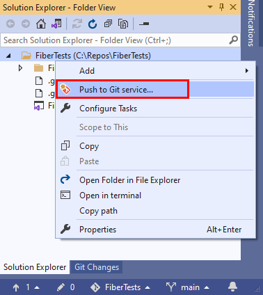 Capture d’écran de l’option de menu « Envoyer (push) au service Git » dans le menu Git dans la barre de menu de Visual Studio 2019.