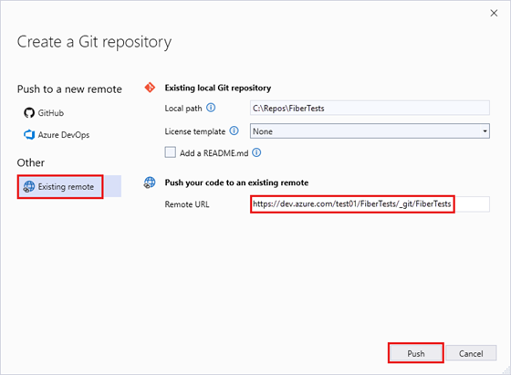 Capture d’écran de la fenêtre « Créer un référentiel Git », avec l’URL d’un référentiel Azure vide, dans Visual Studio 2022.