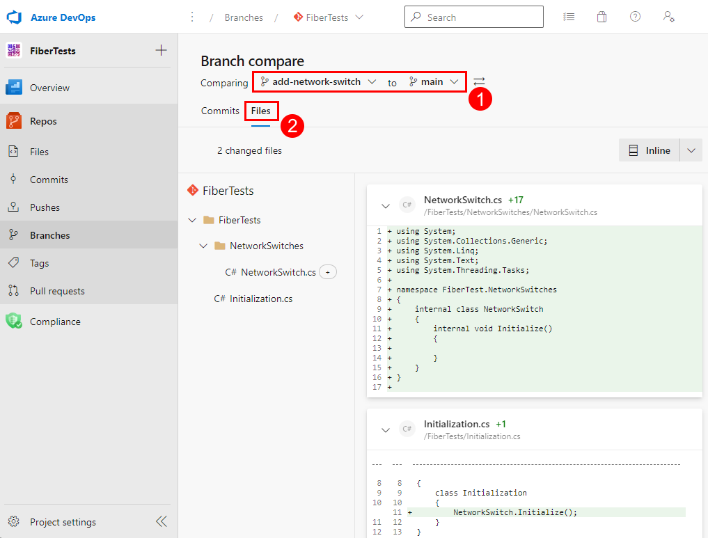 Capture d'écran de l'onglet Fichiers dans la vue Comparaison de branches sur la page référentiel d'Azure DevOps.