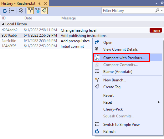 Capture d'écran de l'option Comparer avec le précédent figurant dans le menu contextuel de la vue de l'historique des validations dans Visual Studio.