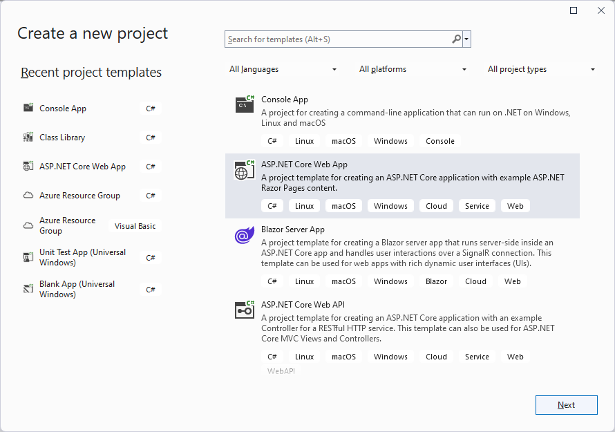 Capture d’écran de la boîte de dialogue Créer un projet.