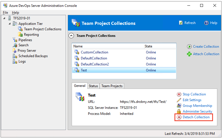 Capture d’écran de l’option Détacher la collection, Azure DevOps Server 2019-2020.