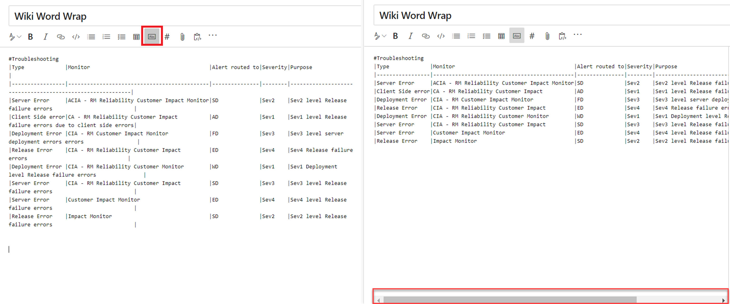 Capture d’écran d’une page Wiki avec l’option Word Wrap et la barre de défilement horizontale mise en évidence.