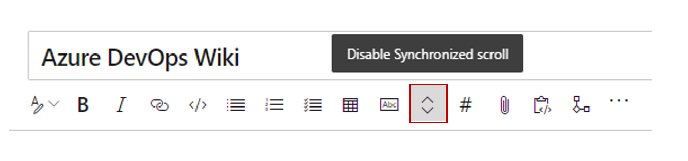Capture d’écran de la barre d’outils wiki avec l’icône de défilement synchrone mise en évidence et le bouton bascule Désactiver le défilement synchronisé au-dessus.