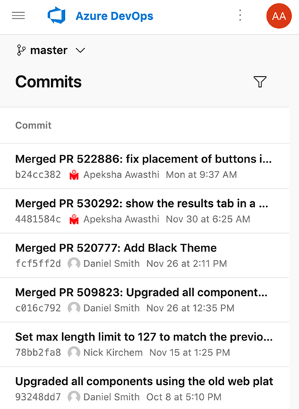 Capture d’écran de la page Commits de conversion de plateforme mobile.