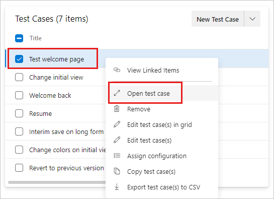 Capture d’écran montrant un cas de test avec son menu contextuel avec l’option Ouvrir le cas de test sélectionné.
