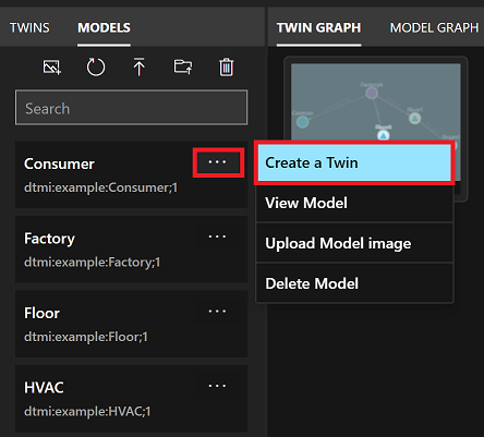 Capture d’écran du panneau Modèles d’Azure Digital Twins Explorer. Les points de menu d’un modèle unique sont mis en surbrillance, et l’option de menu permettant de créer un jumeau est également mise en surbrillance.