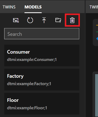 Capture d’écran du panneau Modèles d’Azure Digital Twins Explorer. L’icône Supprimer tous les modèles est mise en évidence.