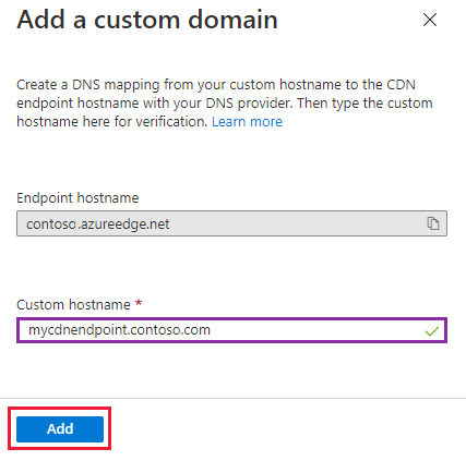 Capture d’écran de la page Ajouter un domaine personnalisé pour un point de terminaison CDN.