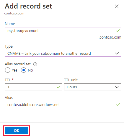 Capture d’écran de l’enregistrement du compte de stockage sans préfixe asverify.
