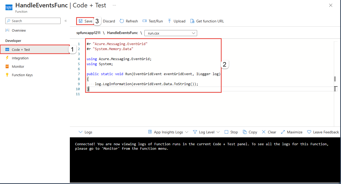 Image montrant la sélection du menu Code + test pour une fonction Azure.