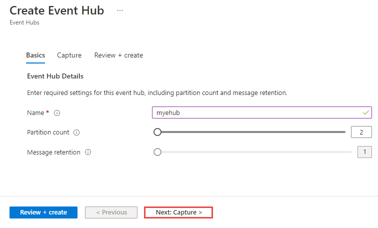 Capture d’écran de la page Créer un Event Hub.