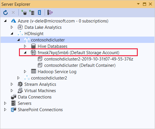 Storage account, HDInsight cluster, Server Explorer, Visual Studio.