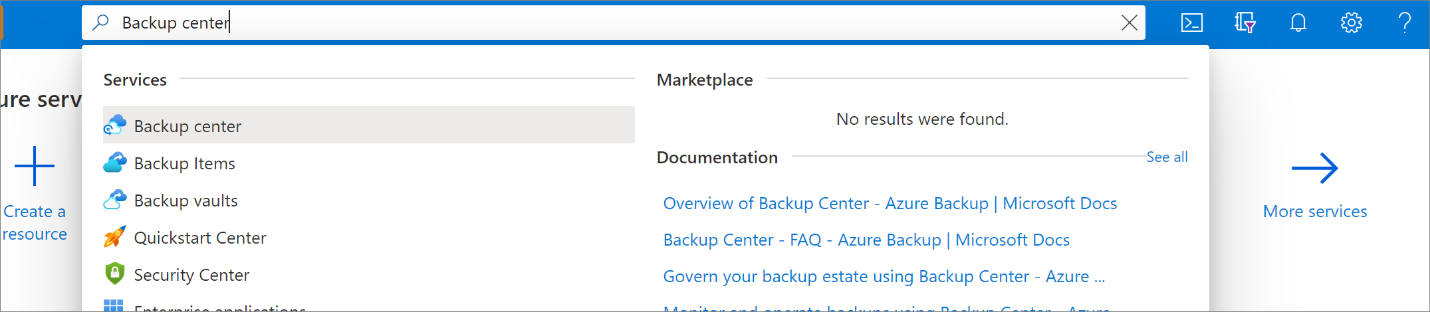 Screenshot that shows searching for and selecting Backup Center.