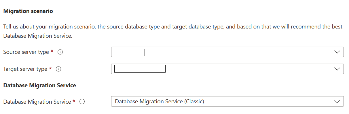 Sélection du scénario Database Migration Service (classique)