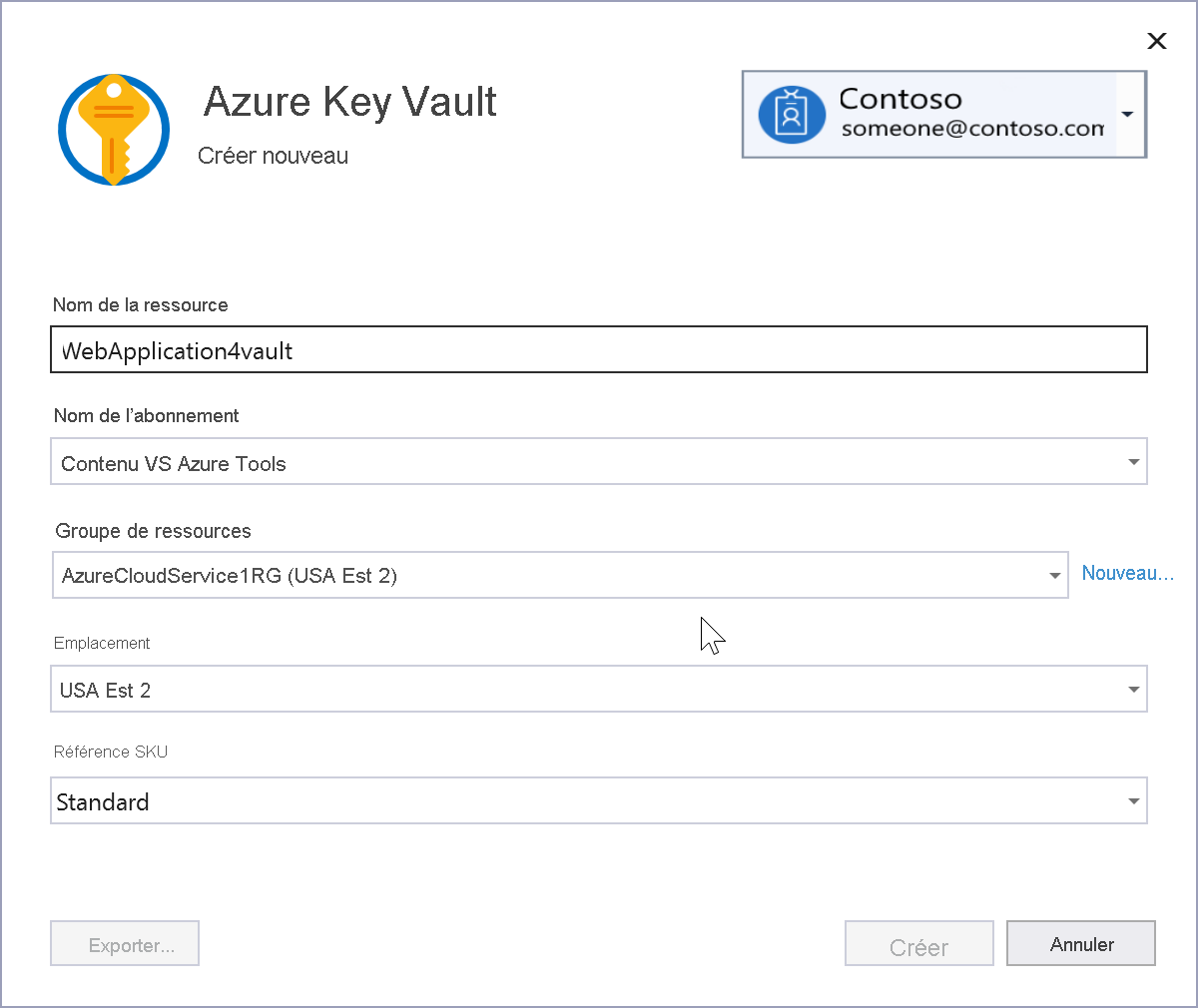 Capture de l’écran « Créer un coffre de clés Azure »