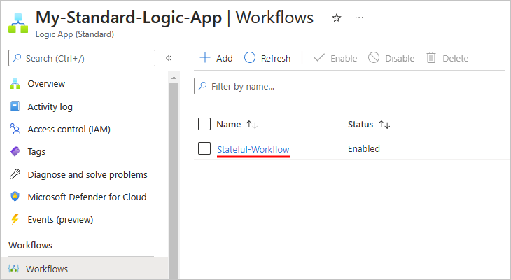 Capture d’écran montrant un nouveau workflow avec état vide nommé Stateful-Workflow.