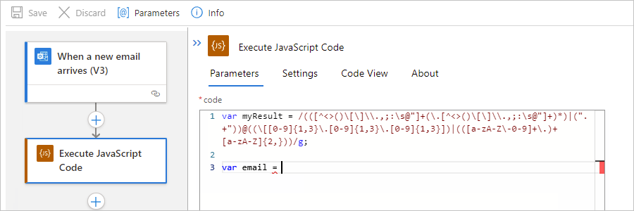 Capture d'écran montrant le flux de travail standard, l'action Exécuter le code JavaScript et l'exemple de code qui crée des variables.