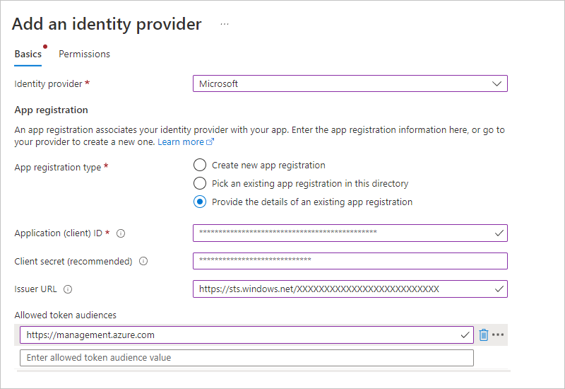 Screenshot showing the app registration for your logic app and identity provider for your function app.