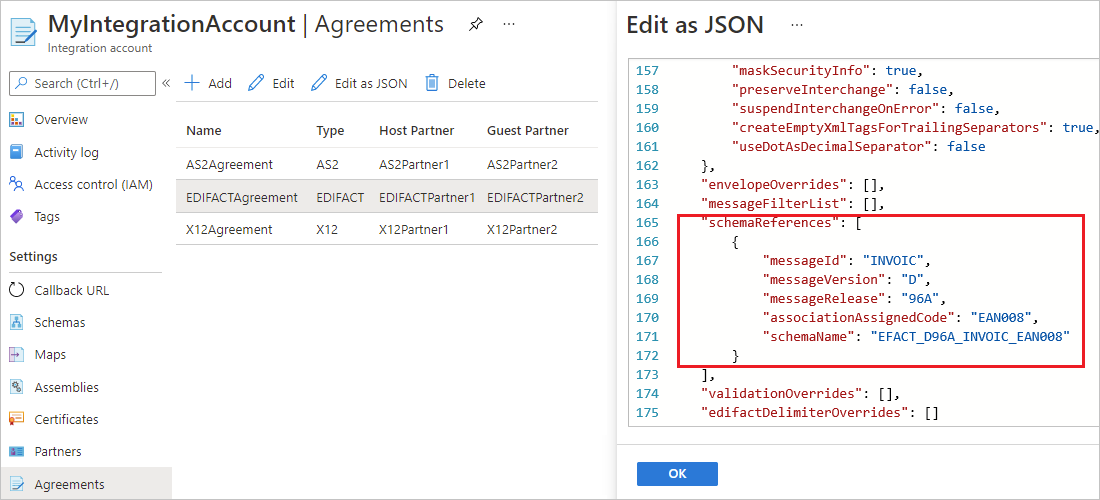 Screenshot showing the Azure portal with an EDIFACT agreement's 