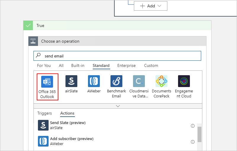 Capture d’écran représentant la catégorie « Choisir une liste d’opérations » dont la catégorie « Standard » et le connecteur « Office 365 Outlook » sont sélectionnés.