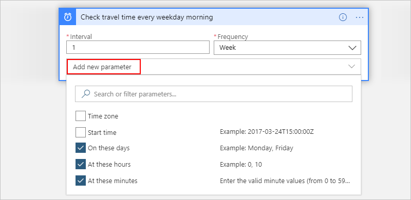 Capture d’écran représentant la liste « Ajouter un nouveau paramètre » ouverte et les propriétés suivantes sélectionnées : « Aux jours indiqués », « Aux heures indiquées » et « Aux minutes indiquées ».