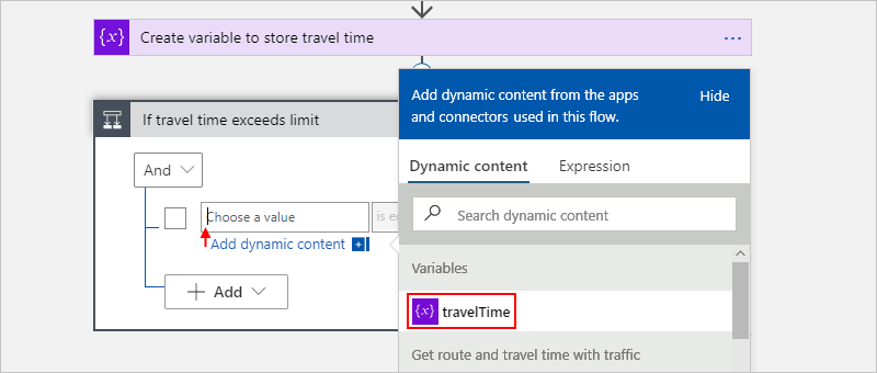 Capture d’écran représentant la zone « Choisissez une valeur » sur le côté gauche de la condition avec la liste de contenu dynamique ouverte et la propriété « travelTime » sélectionnée.