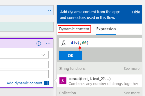 Capture d’écran indiquant où placer le curseur dans l’expression « div(,60) » alors que « Contenu dynamique » est sélectionné.