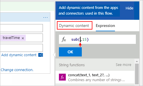 Capture d’écran indiquant où placer le curseur dans l’expression « sub(,15) » alors que « Contenu dynamique » est sélectionné.