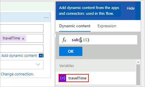 Capture d’écran représentant la liste de contenu dynamique avec la variable « travelTime » sélectionnée.