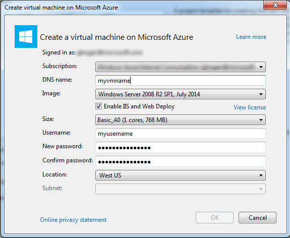 Boîte de dialogue Créer une machine virtuelle sur Microsoft Azure