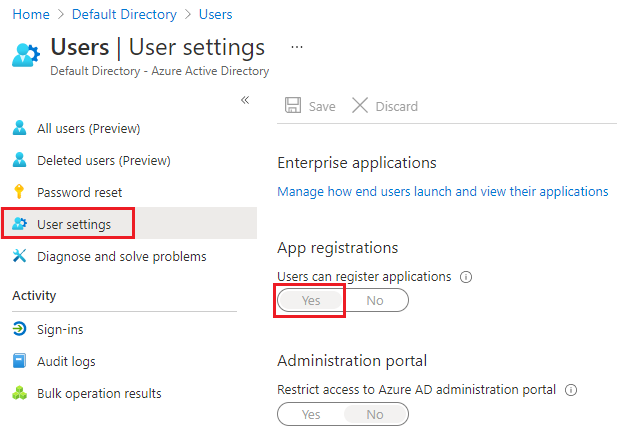 Vérifiez dans les paramètres utilisateur que les utilisateurs peuvent inscrire des applications Active Directory.