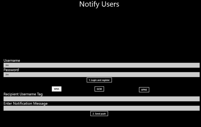 Capture d’écran de l’application Notification Hubs montrant le nom d’utilisateur et le mot de passe renseignés.