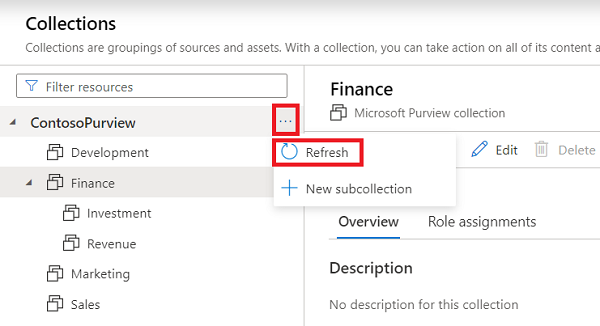 Capture d’écran de la fenêtre de collection du portail de gouvernance Microsoft Purview, avec le bouton en regard du nom de la ressource sélectionné et le bouton Actualiser mis en évidence.