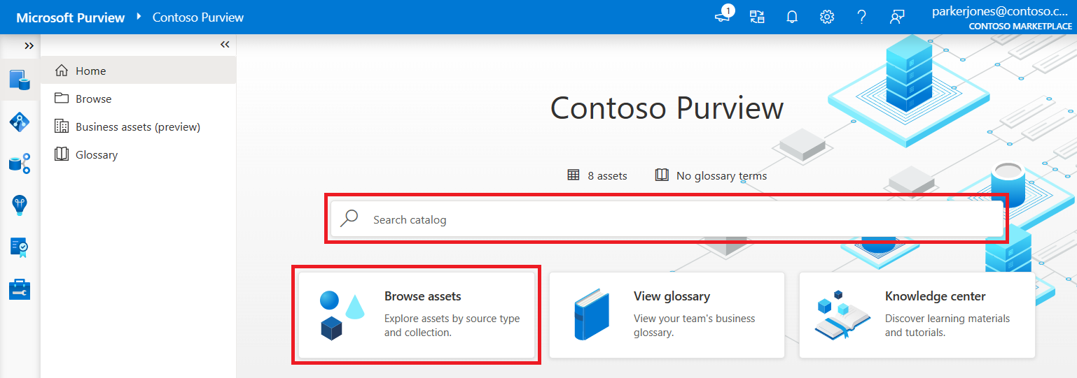 Capture d’écran montrant la page d’accueil du portail de gouvernance Microsoft Purview avec les options de recherche et de navigation mises en évidence.