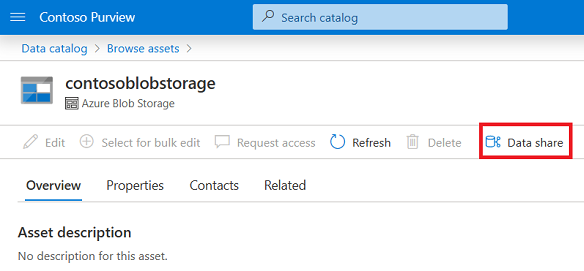 Capture d’écran d’une ressource de données dans le portail de gouvernance Microsoft Purview avec le bouton Data Share mis en évidence.