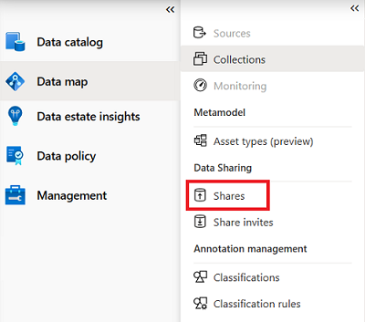 Capture d’écran du menu Partages de données dans le Mappage de données Microsoft Purview.