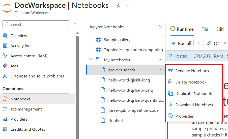 Capture d’écran du volet de contexte du notebook dans Azure Quantum.