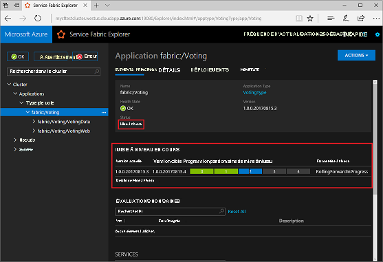 Screenshot of the Voting app in Service Fabric Explorer. The Status message 