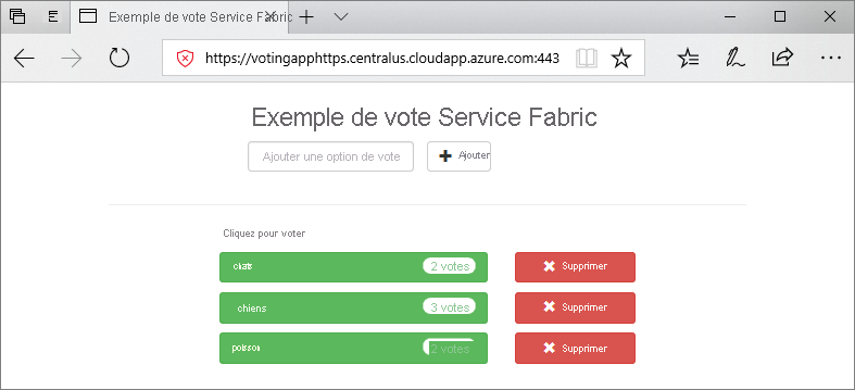 Capture d’écran de l’exemple d’application Voting Service Fabric s’exécutant dans une fenêtre de navigateur avec l’URL https://mycluster.region.cloudapp.azure.com:443.
