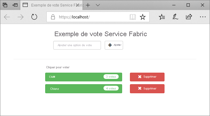 Capture d’écran de l’exemple d’application Voting Service Fabric s’exécutant dans une fenêtre de navigateur avec l’URL https://localhost/.