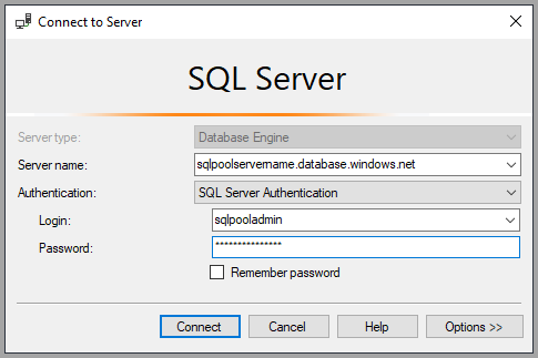 Capture d’écran de SQL Server Management Studio pour se connecter au pool SQL dédié.