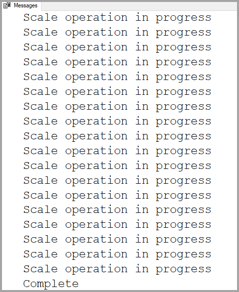 Capture d’écran de SQL Server Management Studio montrant la sortie de la requête pour superviser l’état de l’opération du pool SQL dédié. Une série de lignes « Opération de mise à l’échelle en cours » s’affiche, se terminant par une ligne indiquant « Terminé ».