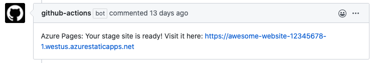 Screenshot of pull request comment with the pre-production URL.
