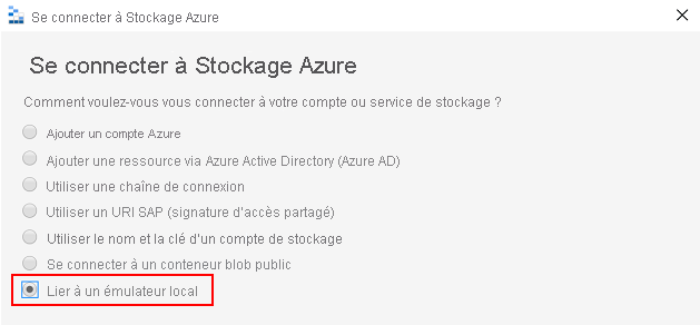 Capture d’écran d’Explorateur Stockage Azure se connectant à la source Stockage Azure.