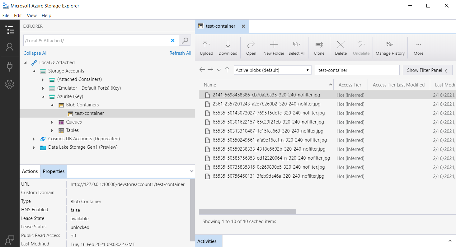 Capture d’écran d’Explorateur Stockage Azure montrant des fichiers générés par les tests.