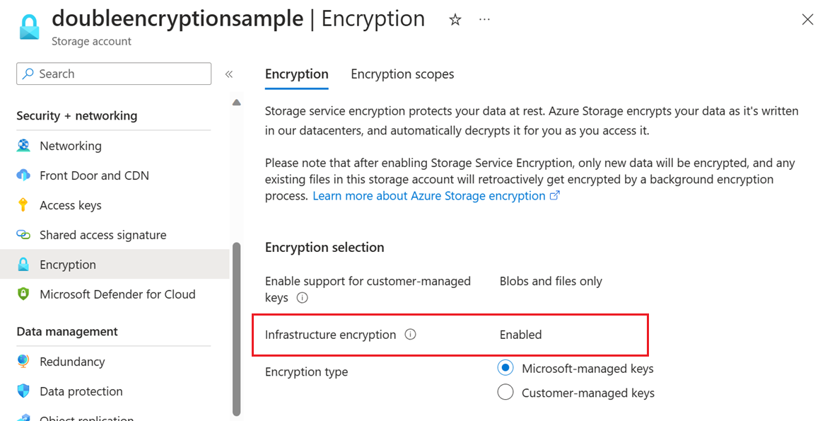 Screenshot showing how to verify that infrastructure encryption is enabled for account