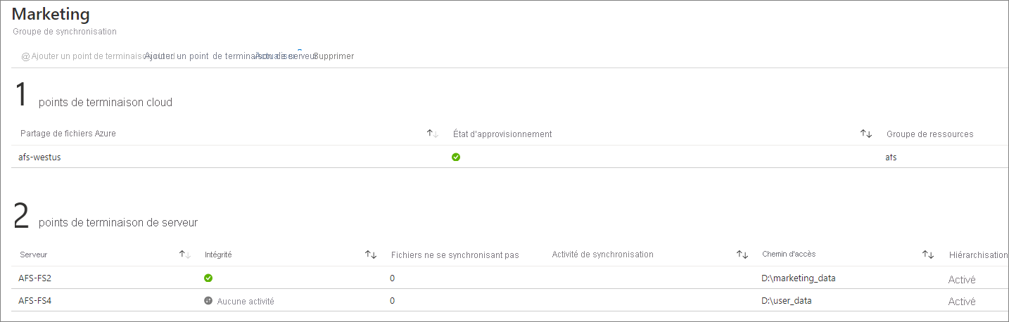 Screenshot that shows the server endpoint health in the Azure portal.